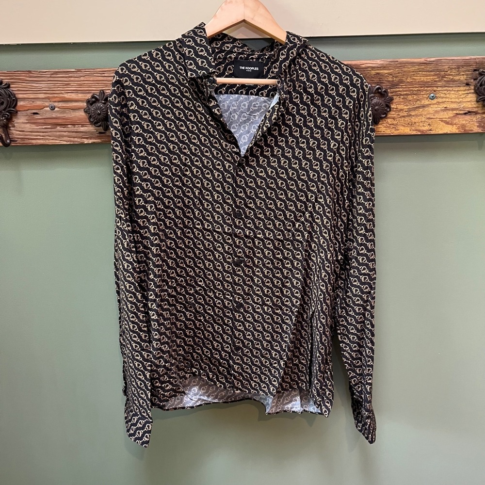 The Kooples Paris Black Gold Chain Link Bit Print Relaxed Button Down Shirt L